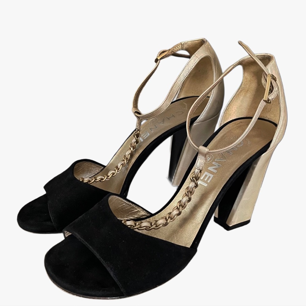 ❌SOLD❌Vintage Chanel Black/Beige Chain-link T-Strap Sandals Size EU 37 - Picture 2 of 16